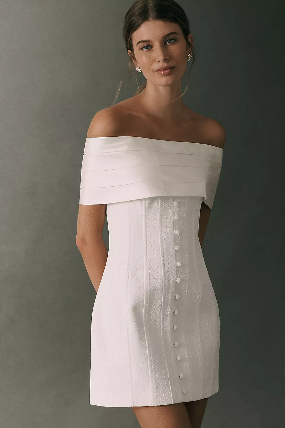 off the shoulder mini bridal dress