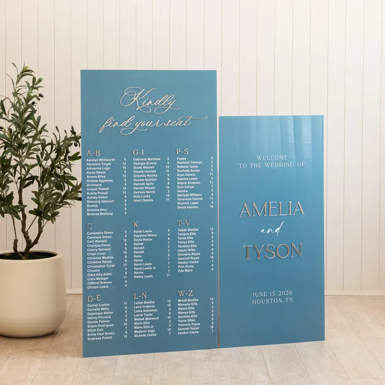 acrylic wedding seating chart blue