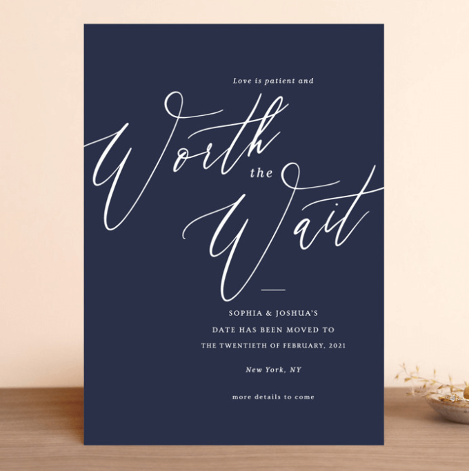 worth the wait wedding change the date card