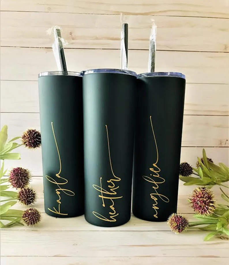 black and gold tumblers with script personalized names for bridesmaids