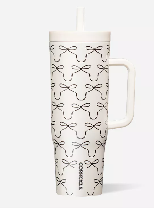 bridesmaid tumbler with handle and black bows on it
