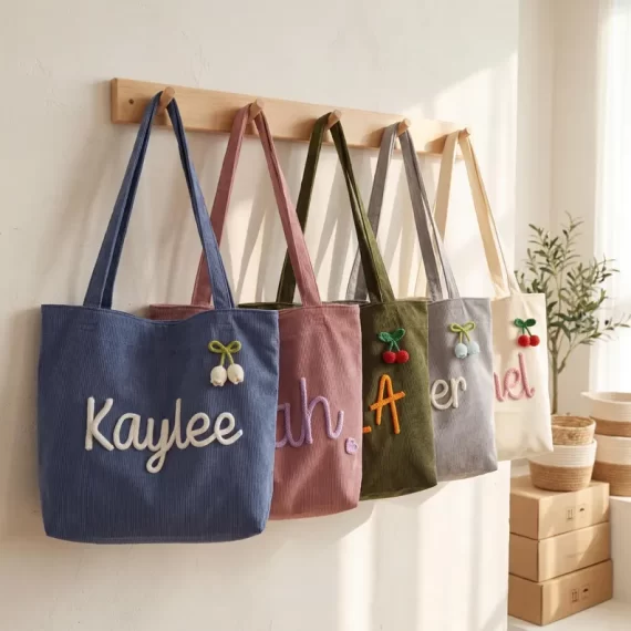 custom bridesmaid tote bag with chenille and yarn names