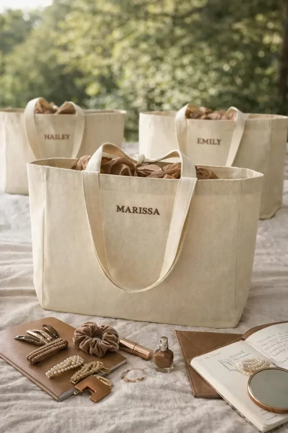 bridesmaid tote bags with names as thoughtful bridesmaid gift that is not cheesy or boring