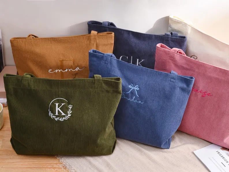 corduroy bridesmaid tote bags in various colors