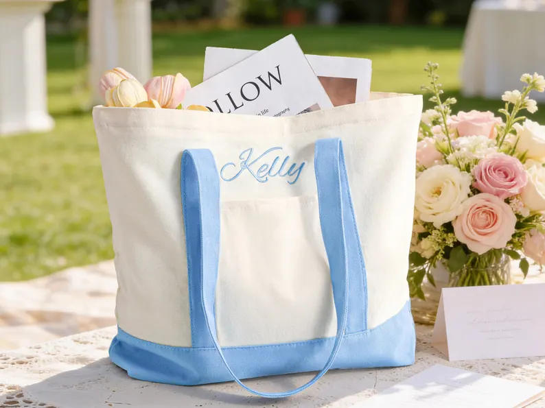 embroidered name on bridesmaid tote bag for gift