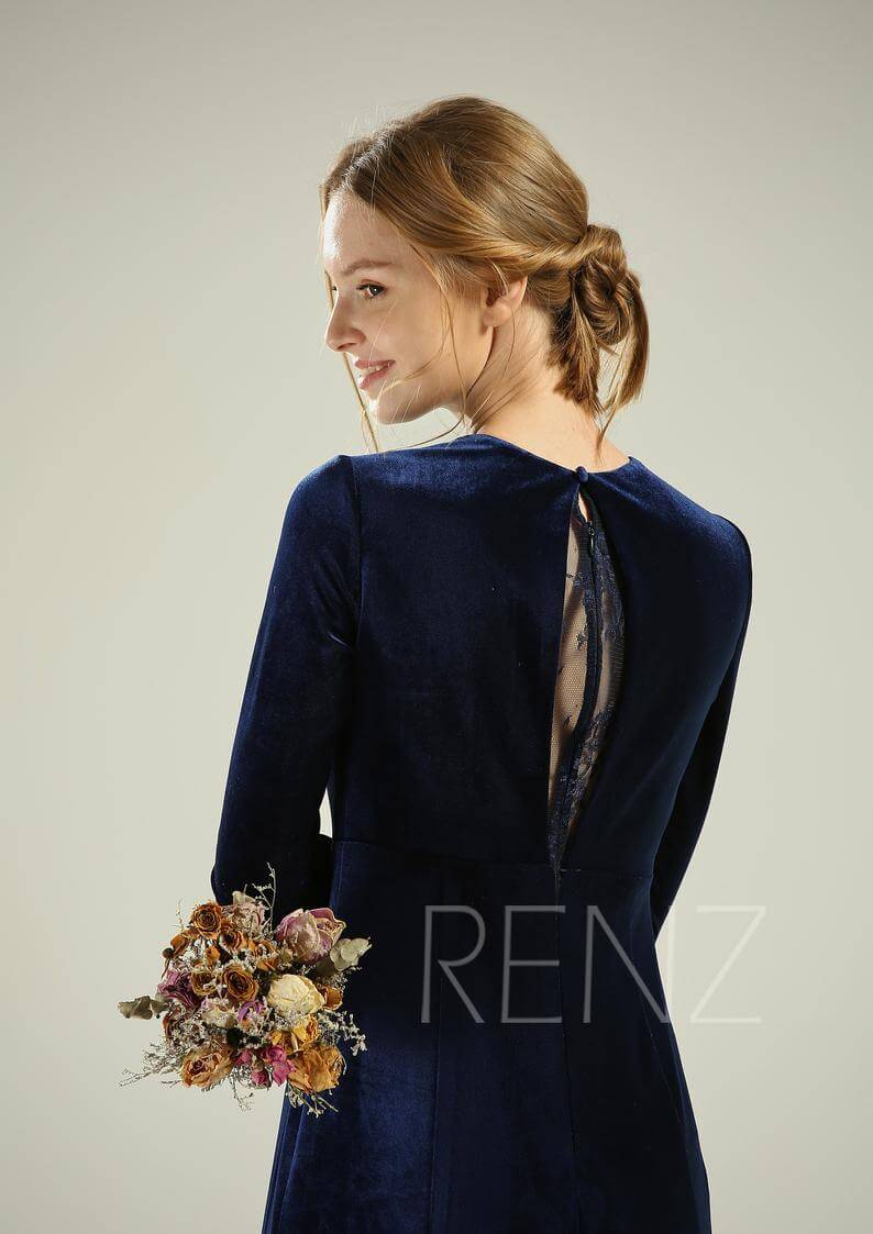 Elegant Sheath Deep-V Pearl-Strap Open-Back Velvet Midi-Length Bridesmaid Dresses