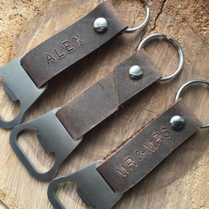 personalized leather keychain with bottle opener