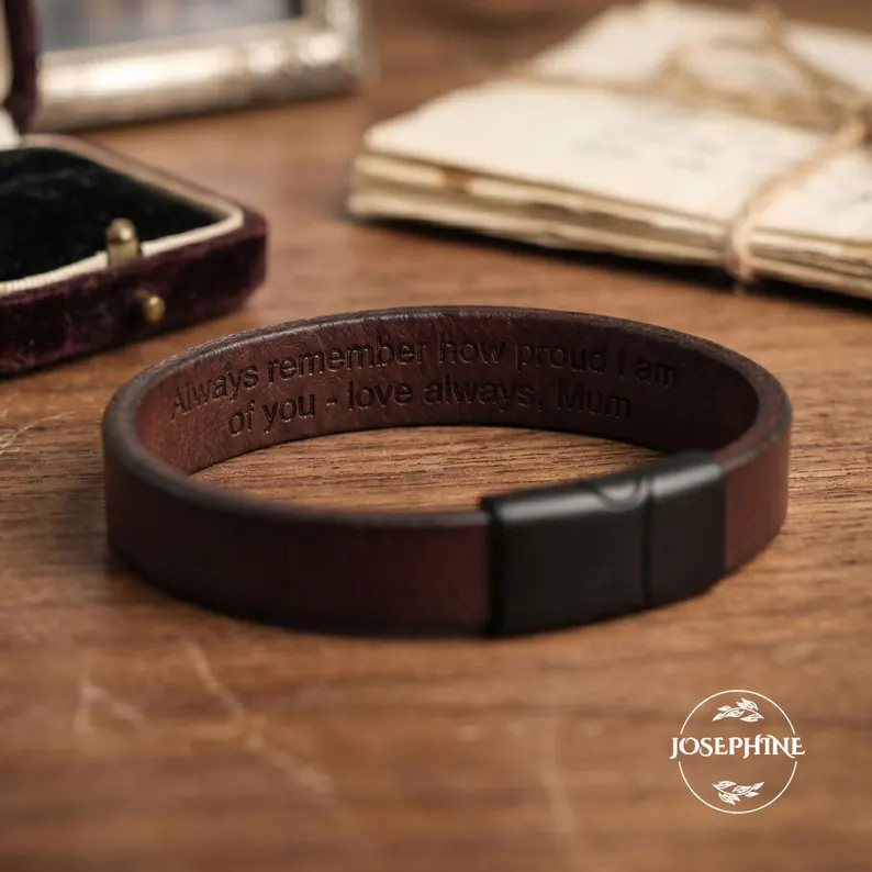 engraved leather bracelet for him or her