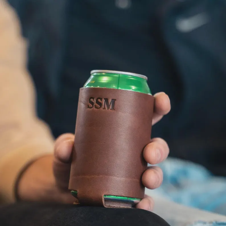 personalized leather can cooler