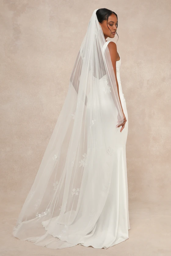 Cathedral length bridal veil with beaded floral details