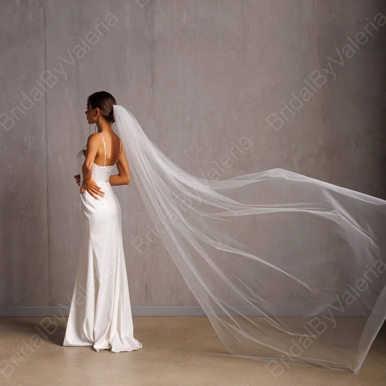 Simple raw edge tulle chapel length wedding veil