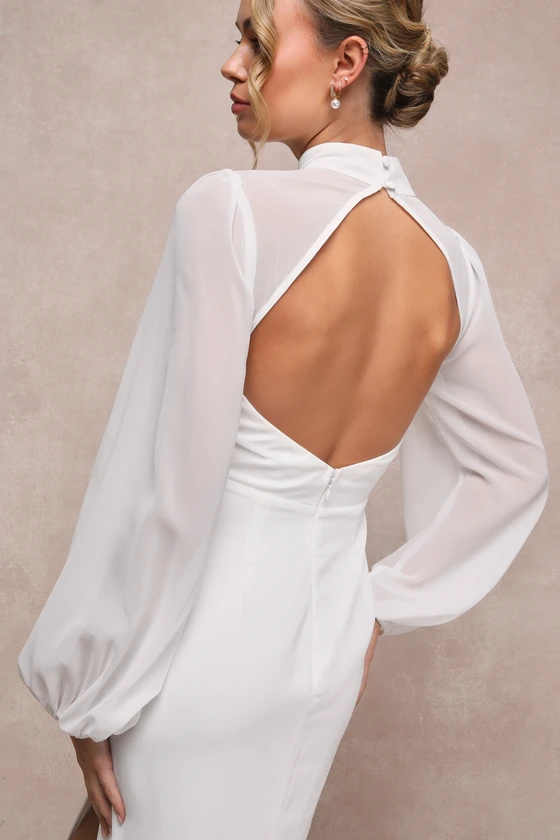 open back long sleeve high neck wedding dress
