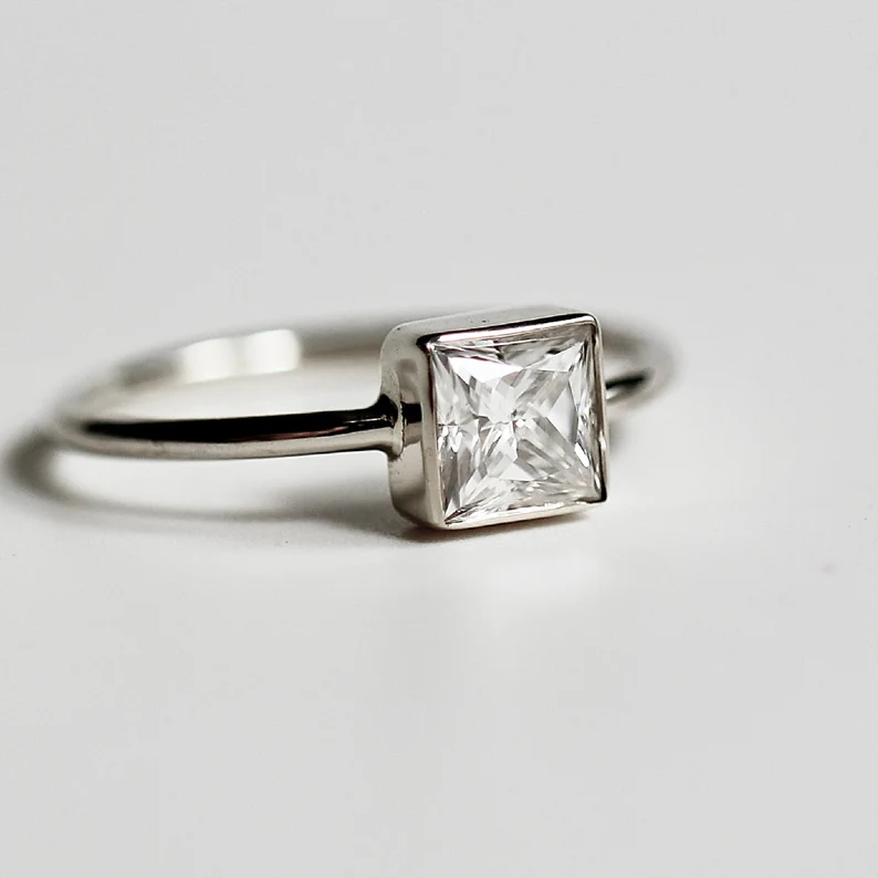 white gold princess cut moissanite engagement ring