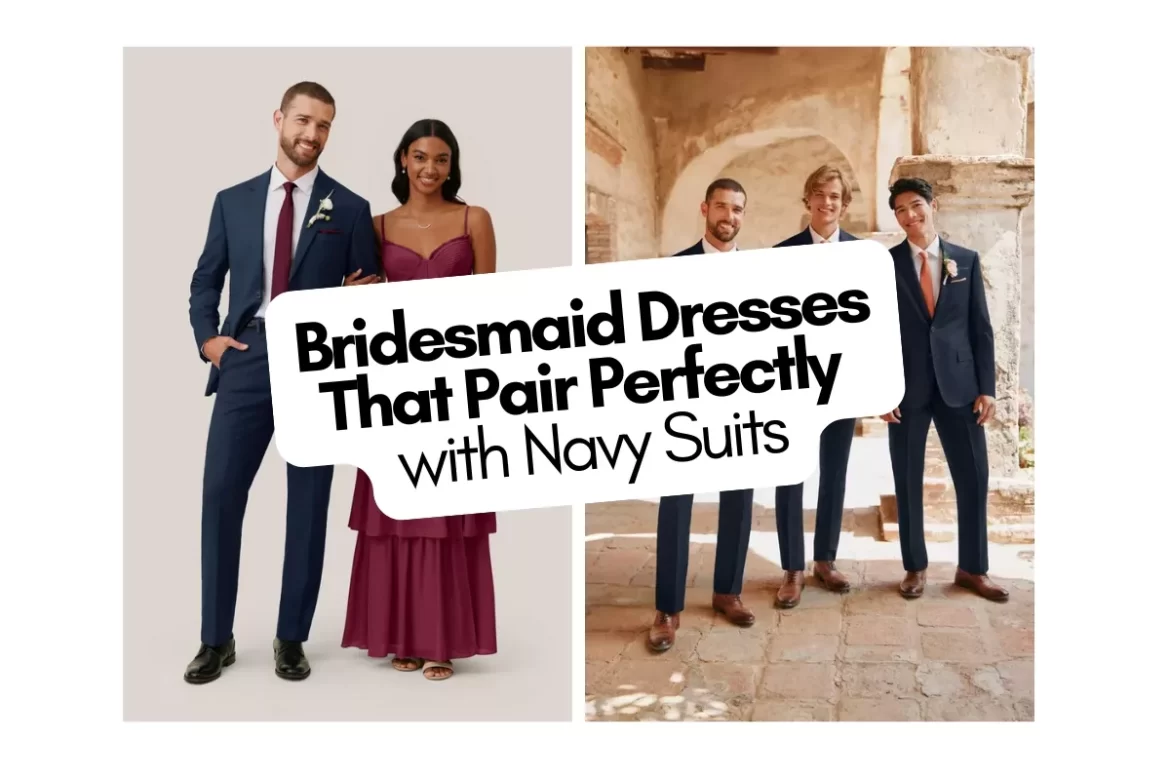Bridesmaid dresses in various colors paired with navy suits for a coordinated wedding look