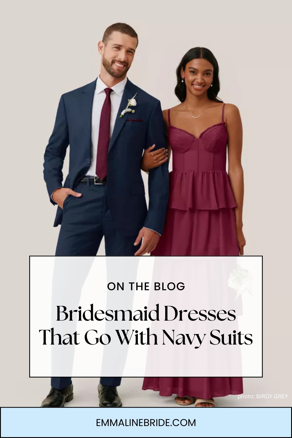 Pinterest-friendly image of bridesmaid dresses paired with navy suits
