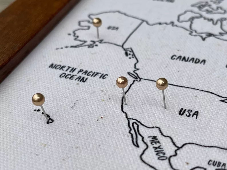 custom travel map with push pins for unique wedding gift