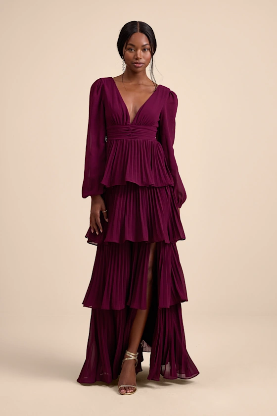 Long sleeve bridesmaid dress with ruffles in plum to pair with navy suit
