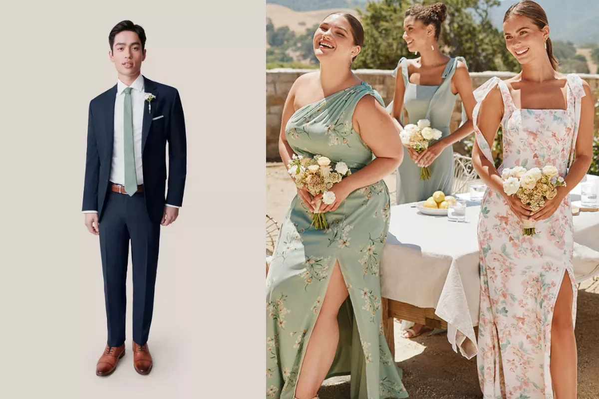 Mix and match bridesmaid dresses in different colors paired with navy suit for a coordinated wedding look