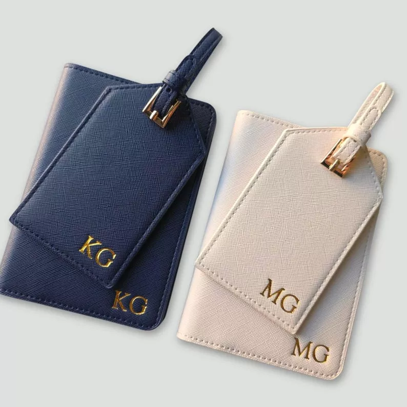 personalized luggage tag and passport cover wedding gift