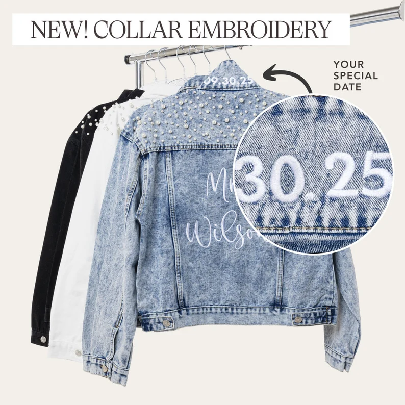 date on collar of bride denim jacket
