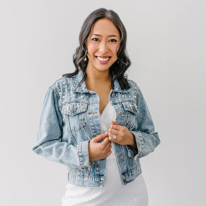 Bride denim jacket with pearls for wedding day