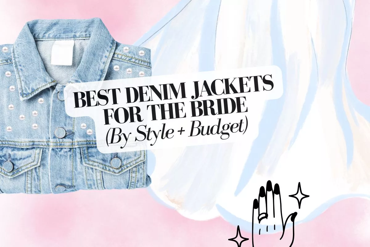 cute bride jean jackets styled for wedding reception and bachelorette outfit ideas