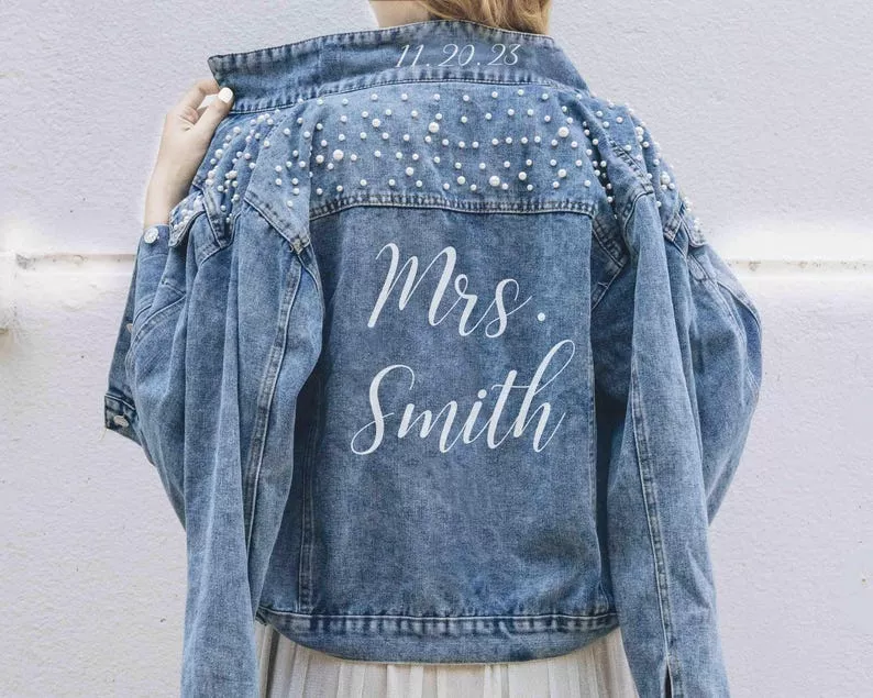 Mrs bride denim jacket with pearl embellishments