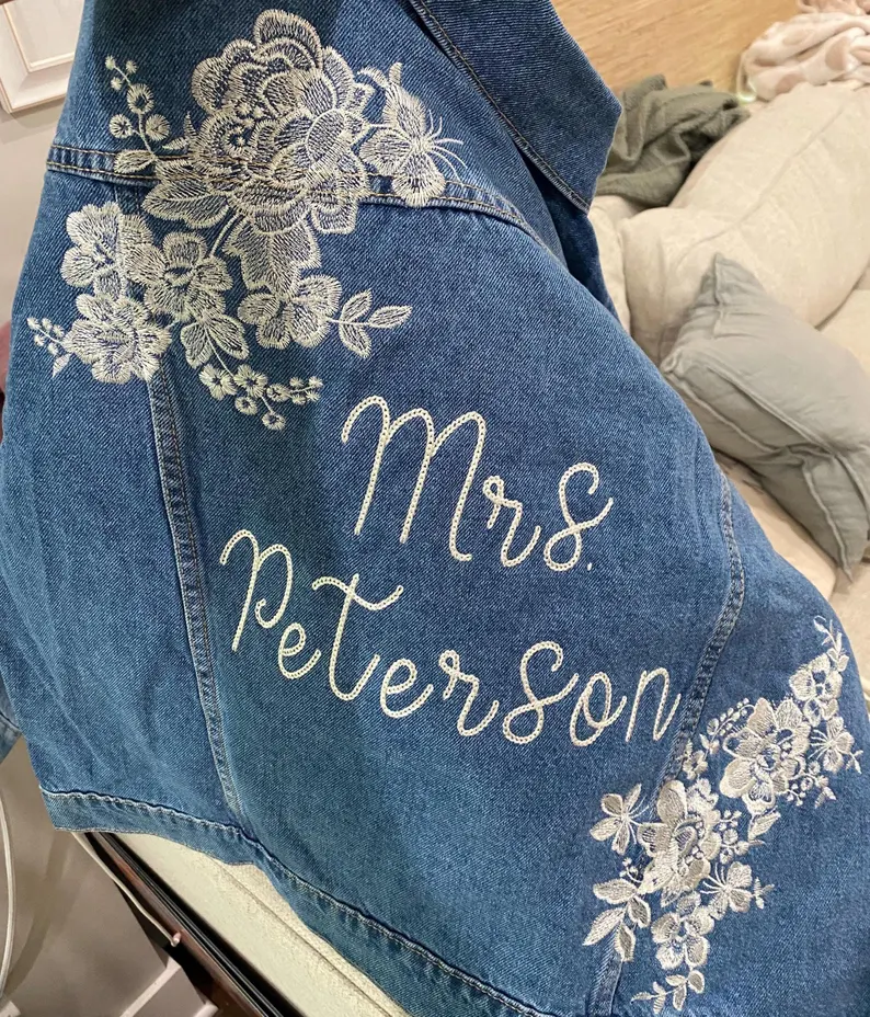 personalized bride jean jacket with embroidered last name on back