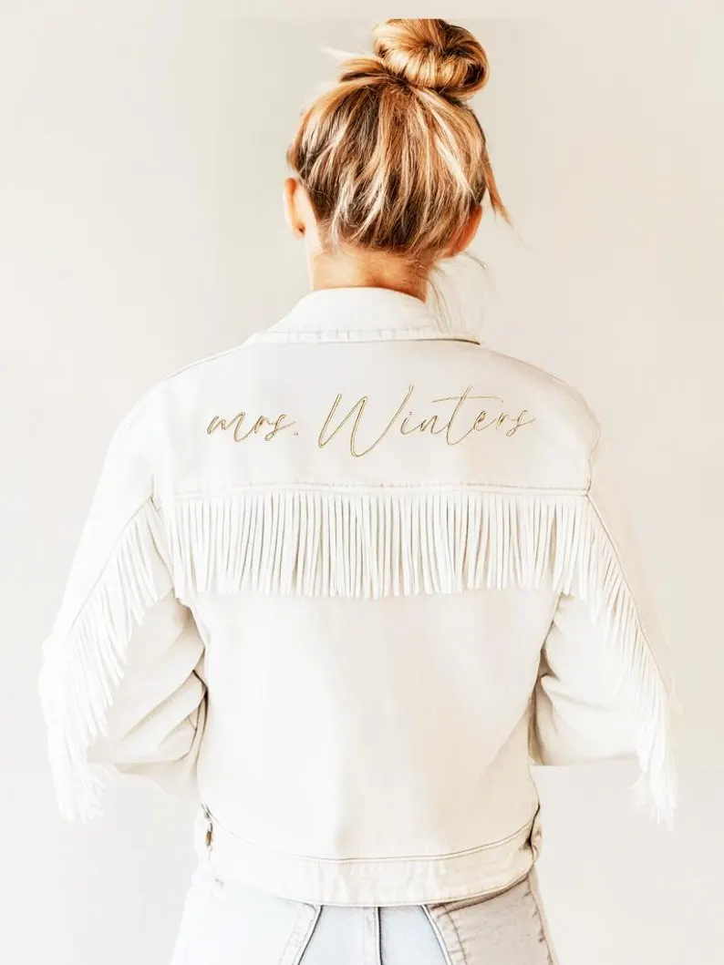 western fringe bride jean jacket for rustic wedding style