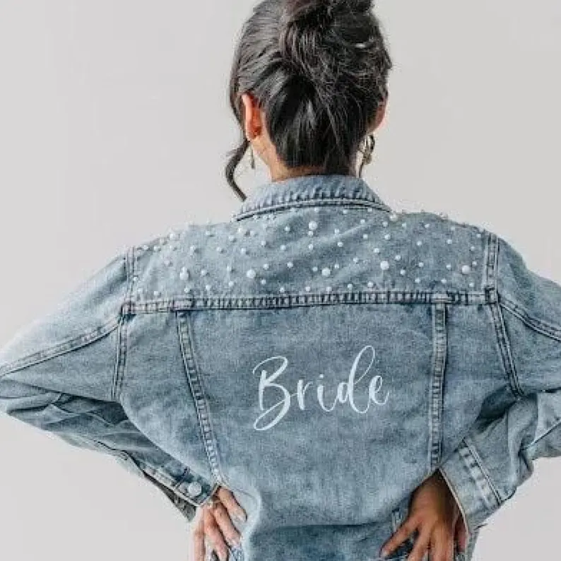 minimalist script bride denim jacket simple elegant bridal look