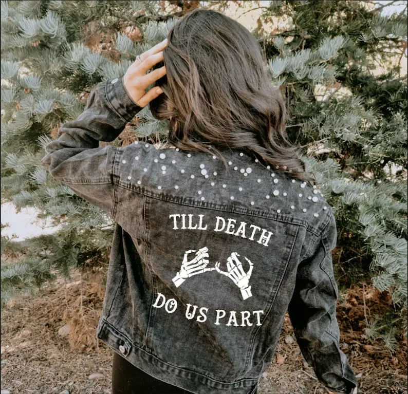 black til death pearl denim jacket wedding outfit layer