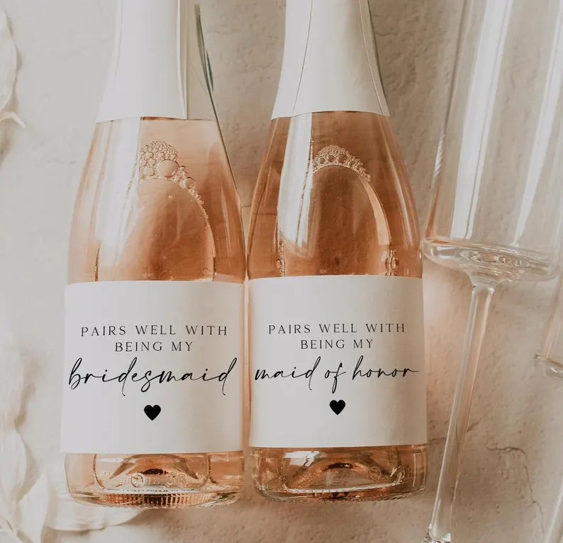 champagne labels for gift inside empty bridesmaid proposal box