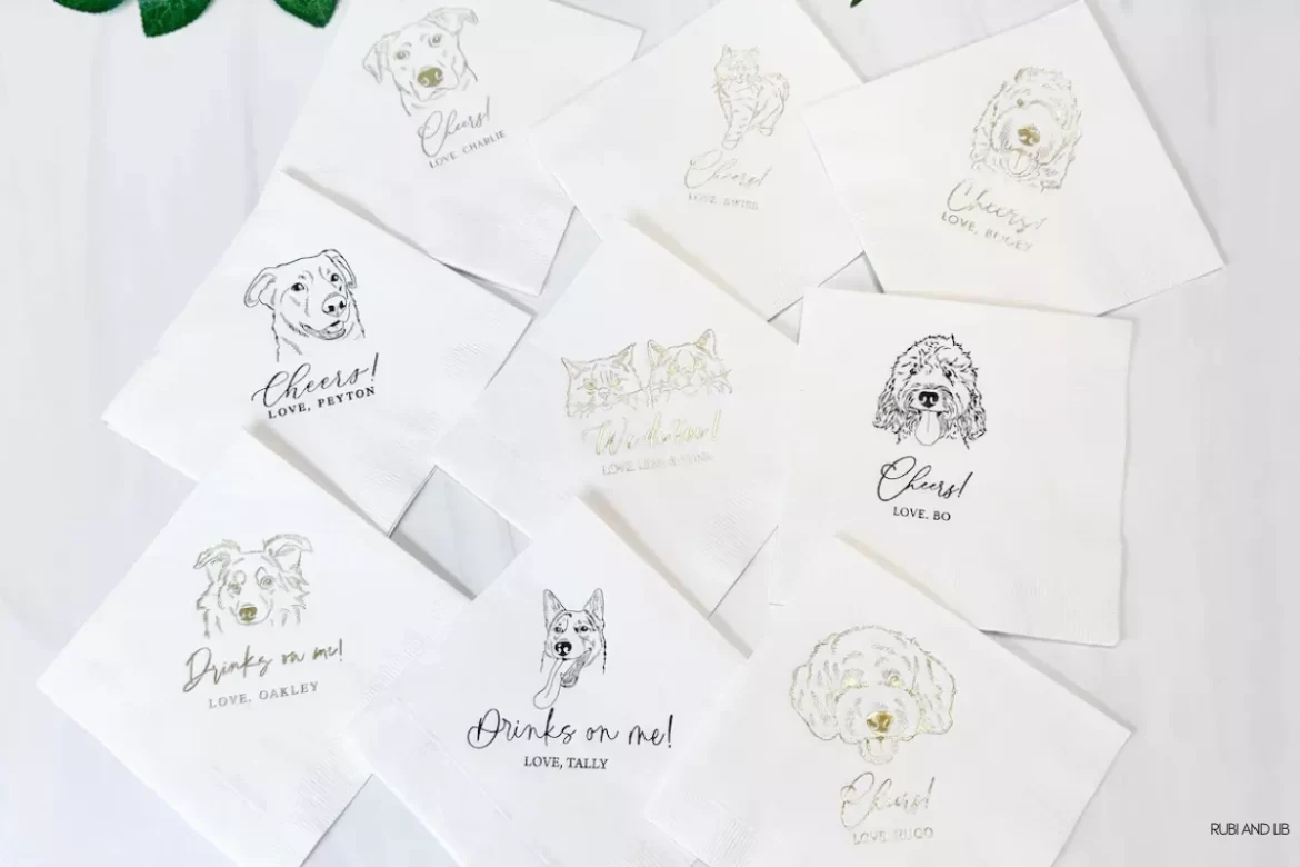 Dog napkins for wedding reception bar with elegant gold foil design