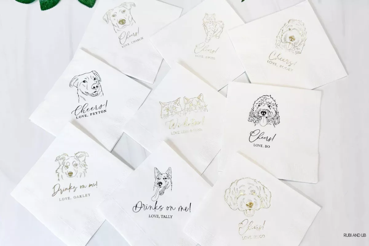 Dog napkins for wedding reception bar with elegant gold foil design