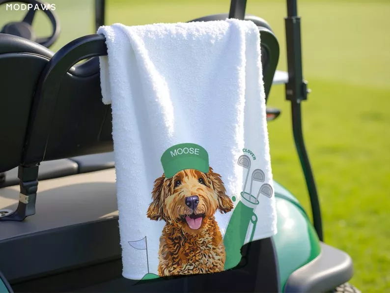 personalized golf towel for groomsmen with dog face illustration and name