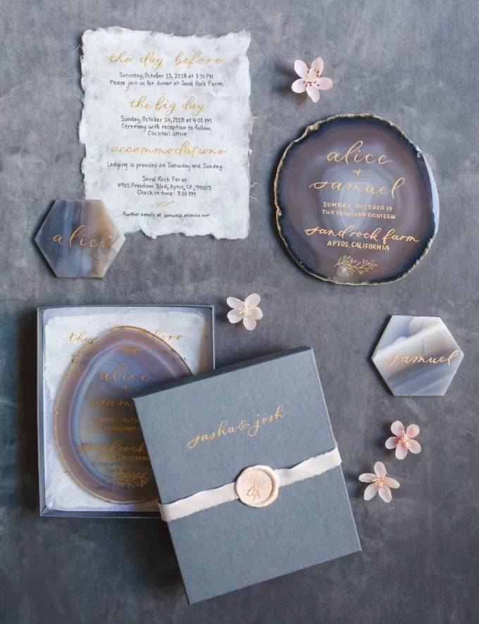 agate wedding invitations in box