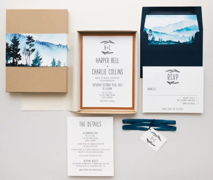 mountain wedding invitations in box