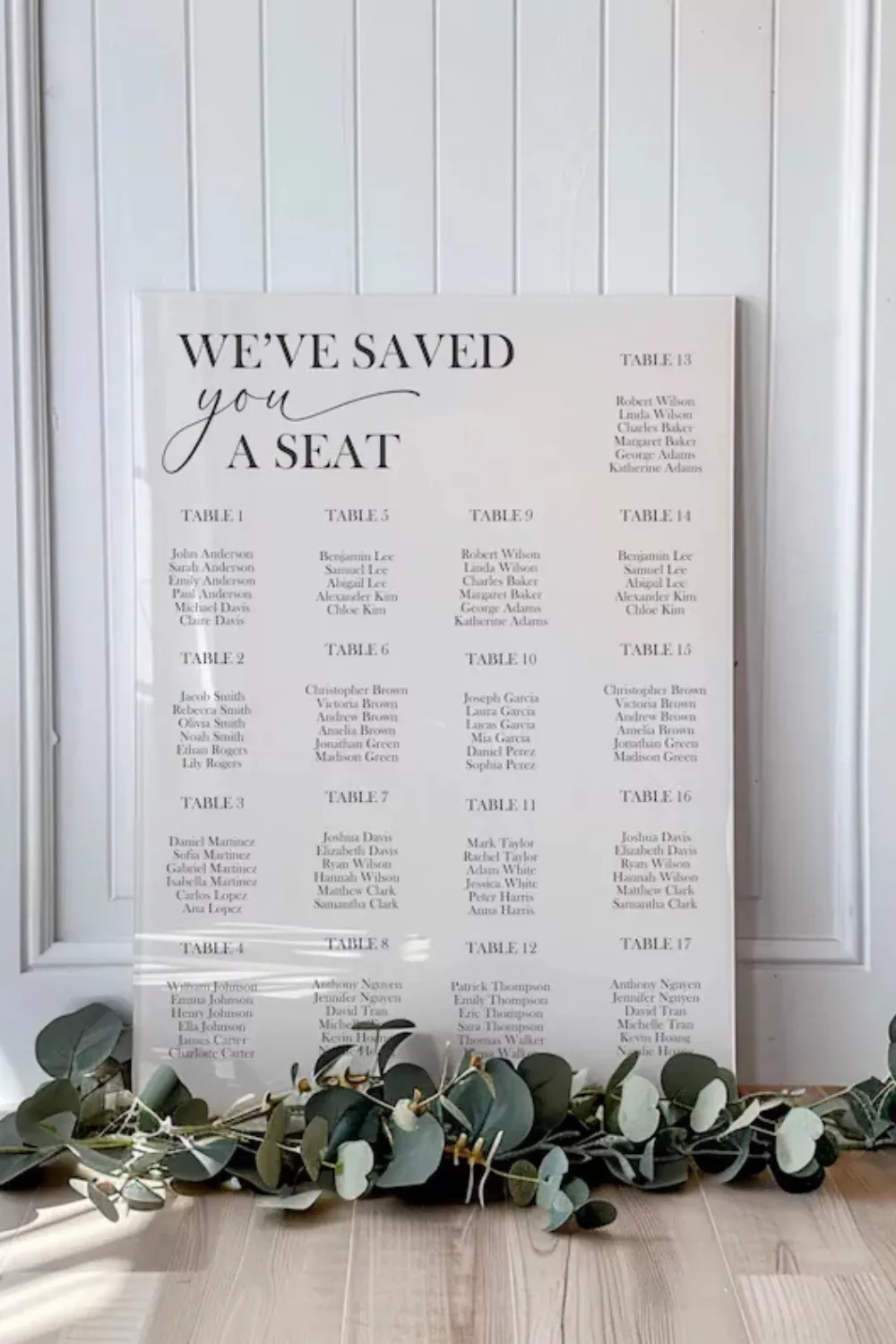 elegant wedding seating chart sign with table assignments for reception guests