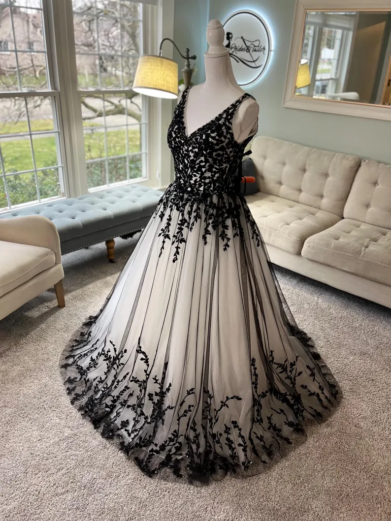 black and ivory wedding dress with lace