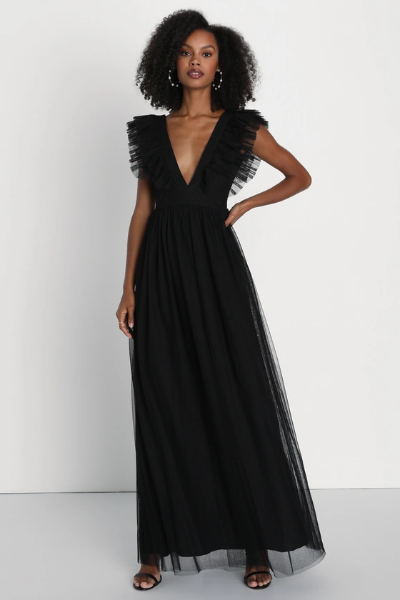 black ruffled wedding dress sleeveless