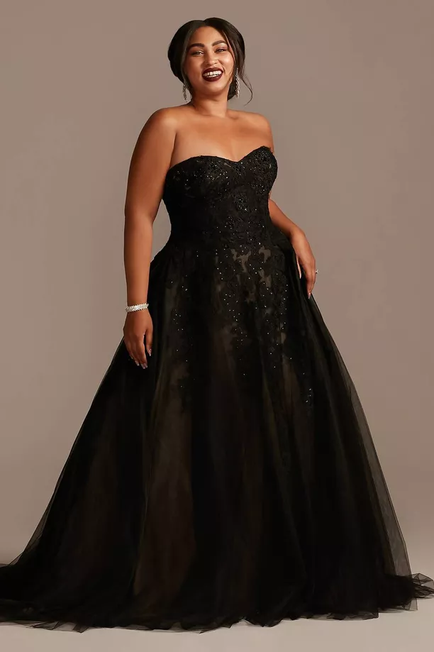 black sheer lace and tulle wedding dress