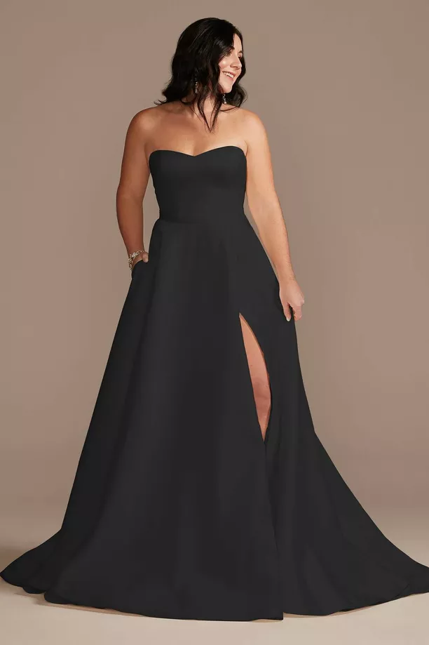 strapless black wedding dress with sweetheart neckline and leg slit