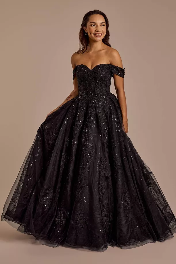 off-the-shoulder black wedding with dress ball gown style skirt