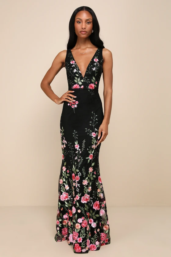 black wedding dress with pink floral embroidery and v-neckline