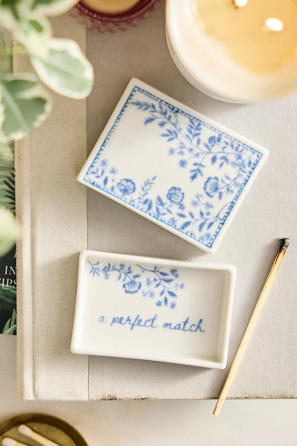 Blue floral ceramic matchbox gift for candle lovers