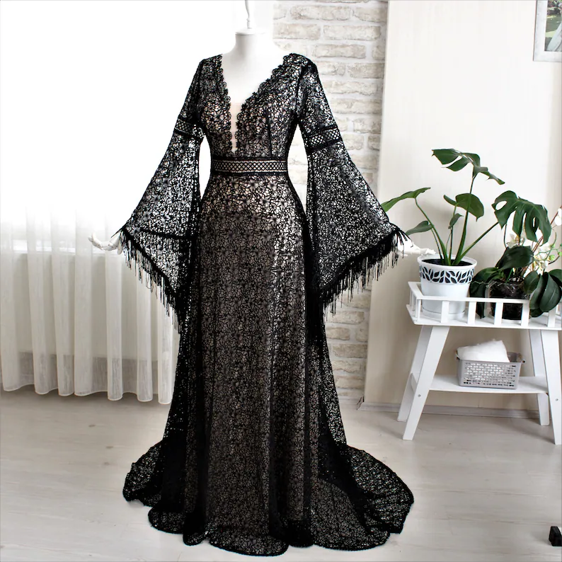 long sleeve gothic black wedding dress
