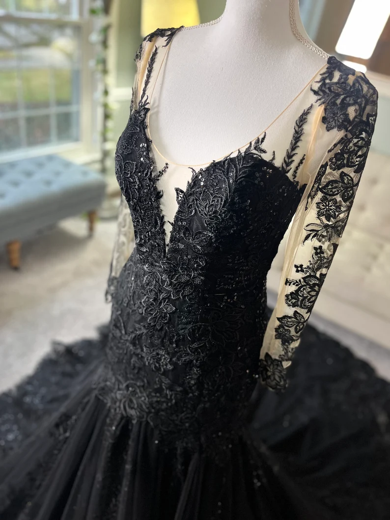 elegant long sleeve lace black wedding dress