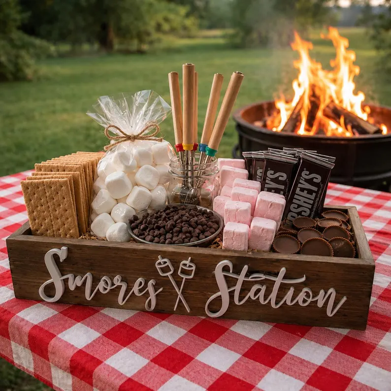 Outdoor wedding fire pit with s'mores station for guests to gather around