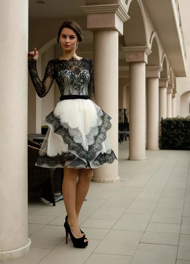 short black and white wedding dress with lace
