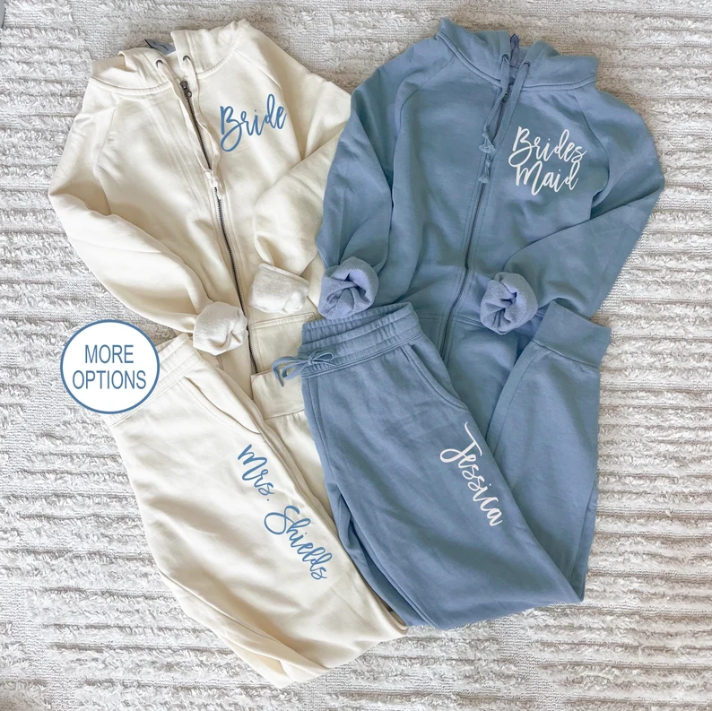 Cute matching bridesmaid sweatsuit set, cozy and fun gift idea for your bridal party